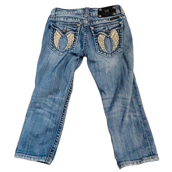 Miss Me Pants - Miss Me Capri Jeans 27 Blue Distressed Rhinestone Wing Flap Pockets Western